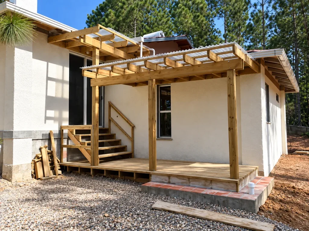 Pérgola de madera con techo translúcido, escaleras y terraza
